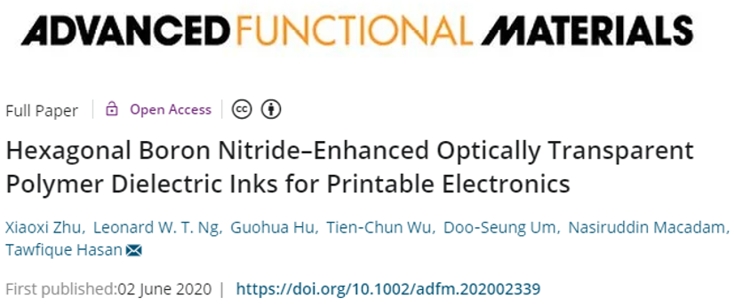 《AFM》六方氮化硼增強的光學透明聚合物電介質油墨，可用于印刷電子