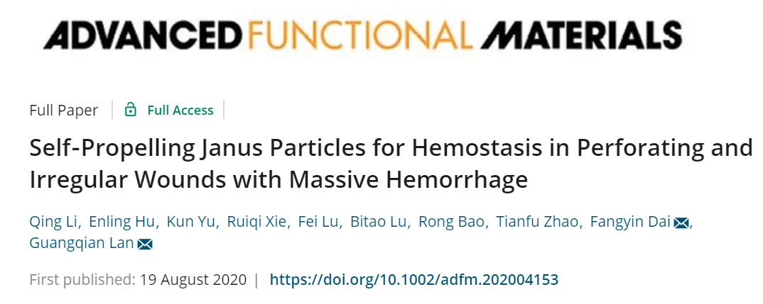 逆流而上，深度出血也能搞定！西南大學(xué)《AFM》：自推進(jìn)Janus顆粒在大規(guī)模出血性穿孔和不規(guī)則傷口中的止血效果