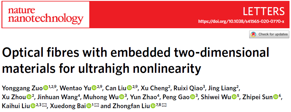北京大學劉忠范院士/劉開輝教授等《自然·納米技術(shù)》：光纖內(nèi)二維材料的均勻生長實現(xiàn)超高非線性